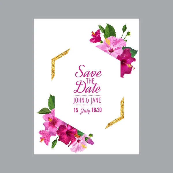 Modèle d'invitation de mariage avec fleurs d'hibiscus en fleurs et cadre doré. Sauvegardez la Carte Florale Date pour Salutations, Anniversaire, Anniversaire. Illustration vectorielle — Image vectorielle