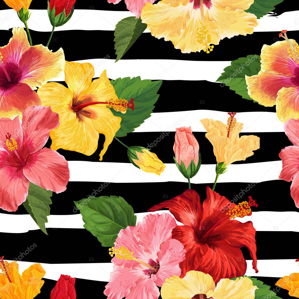 Tropical Hibiscus Flower Seamless Pattern. Floral Summer Background for Fabric Textile ...