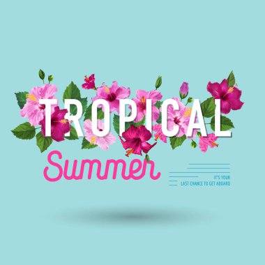 Merhaba yaz tropikal Poster. Mor Hibiscus çiçek çiçek tasarım T-shirt, kumaş, parti, afiş, el ilanı, selamlar. Vektör çizim