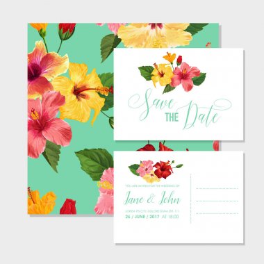 Kırmızı Hibiscus çiçek düğün davet şablonu. Tarihi çiçek kartı kaydetmek Selamlar, yıldönümü, doğum günü, parti bebek duş için. Botanik tasarım. Vektör çizim