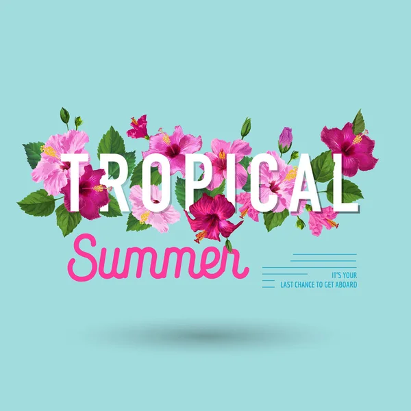 Olá Summer Tropical Poster. Design Floral com Hibisco Roxo Flores para camiseta, Tecido, Festa, Banner, Folheto, Saudações. Ilustração vetorial — Vetor de Stock