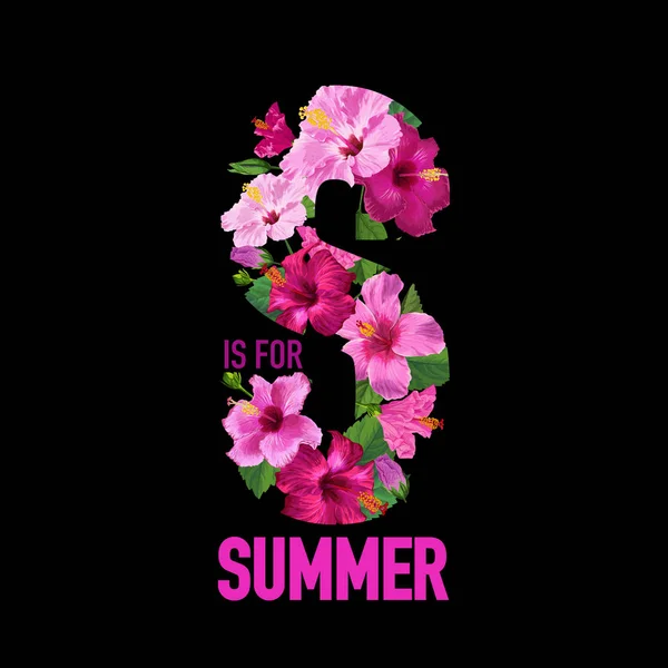 Hola cartel tropical de verano. Floral Design with Purple Hibiscus Flowers for T-shirt, Fabric, Party, Banner, Flyer, Greetings. Ilustración vectorial — Vector de stock