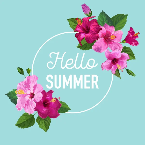 Witam lato plakat. Kwiatowy wzór z fioletowy kwiat hibiskusa, T-shirt, tkaniny, Party, Banner, ulotki, pozdrowienia. Tropikalny tło botanicznych. Ilustracja wektorowa — Wektor stockowy