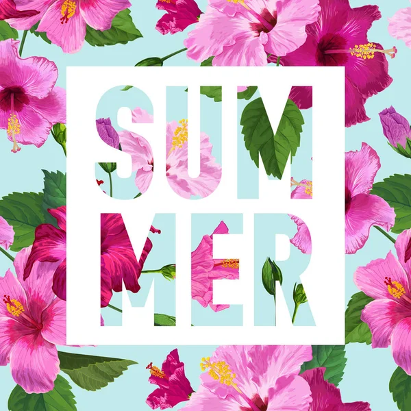 Olá, Summer Poster. Design floral com flores de hibisco roxo para camiseta, tecido, festa, bandeira, panfleto. Fundo Botânico Tropical. Ilustração vetorial — Vetor de Stock