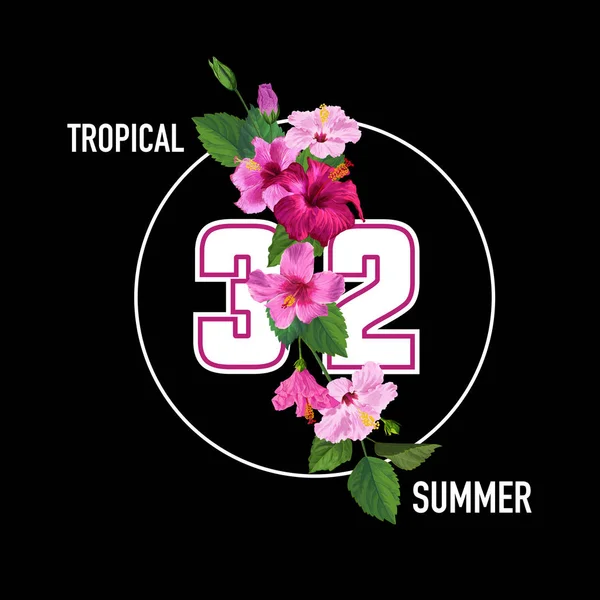 Hallo zomer tropische Poster. Bloemmotief met paarse Hibiscus bloemen voor T-shirt stof, partij, Banner, Flyer, groeten. Vectorillustratie — Stockvector