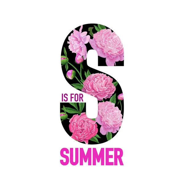 Hola diseño floral de verano con flores florecientes de peonía rosa. Fondo Botánico para Póster, Banner, Invitación de Boda, Tarjeta de Saludo. Ilustración vectorial — Vector de stock