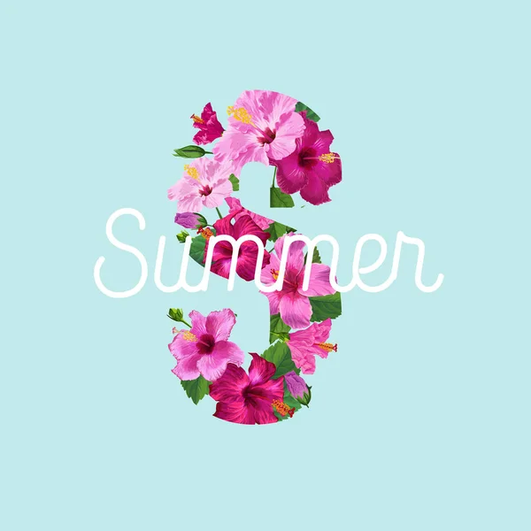 Olá, Summer Poster. Design floral com flores de hibisco roxo para camiseta, tecido, festa, bandeira, panfleto. Fundo Botânico Tropical. Ilustração vetorial — Vetor de Stock