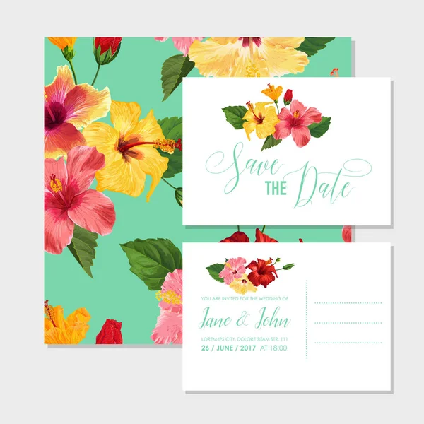 Vorlage für die Hochzeitseinladung mit roten Hibiskusblüten. Speichern Sie das Datum Blumenkarte für Grüße, Jubiläum, Geburtstag, Baby-Shower-Party. Botanisches Design. Vektorillustration — Stockvektor