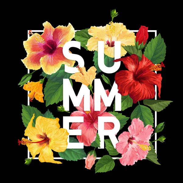 Hola cartel de verano. Diseño Floral con Hibiscus Rojo y Amarillo Flores para Camiseta, Tela, Fiesta, Banner, Volante. Fondo Botánico Tropical. Ilustración vectorial — Vector de stock