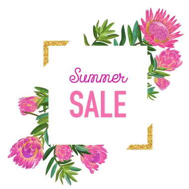 Altın çerçeve ile yaz satış çiçek Banner. Pembe Protea çiçekler ile mevsimlik indirimli reklam. Tropikal cennet bahar promosyon tasarımı afiş, el ilanı için. Vektör çizim