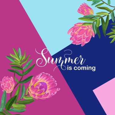 Merhaba yaz tropikal tasarım. Baskı, poster, tişört, el ilanı için pembe Protea çiçekli çiçekli Vintage arka plan. Vektör çizim