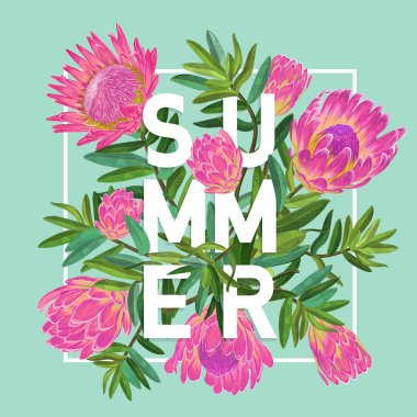 Merhaba yaz tropikal tasarım. Baskı, poster, tişört için pembe Protea çiçekli çiçekli Vintage arka plan. Vektör çizim