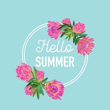 Merhaba yaz botanik tropikal tasarım. Baskı, poster, tişört, el ilanı, satışı büyük başlığı için pembe Protea çiçekli çiçekli Vintage arka plan. Vektör çizim