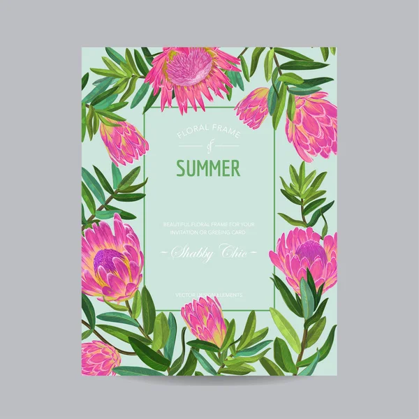 Cartão Floral de Verão com Flores Rosa Protea para Cartaz, Brochura, Convite de casamento, Folheto. Design Botânico para Publicidade, Saudações. Ilustração vetorial —  Vetores de Stock