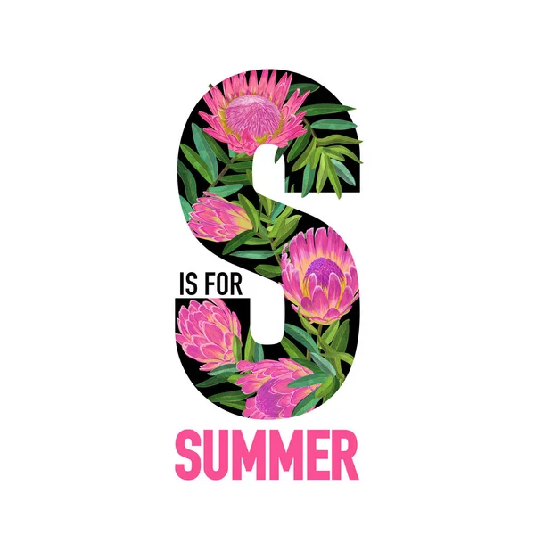 Hola Summer Botanical Tropical Design. Fondo Vintage floral con flores de Protea rosa para grabados, carteles, camiseta, volante, banner de venta. Ilustración vectorial — Vector de stock