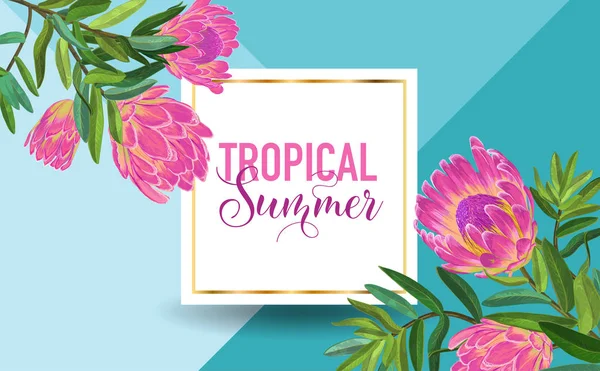 Merhaba yaz tropikal tasarım. Baskı, poster, tişört, el ilanı, satışı büyük başlığı için pembe Protea çiçekli çiçekli Vintage arka plan. Vektör çizim — Stok Vektör