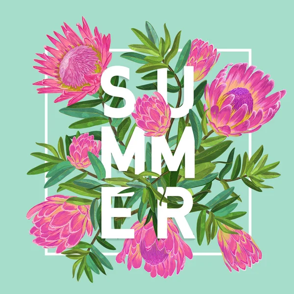 Olá Summer Tropical Design. Fundo Vintage floral com flores de chá rosa para estampas, cartazes, camiseta. Ilustração vetorial — Vetor de Stock