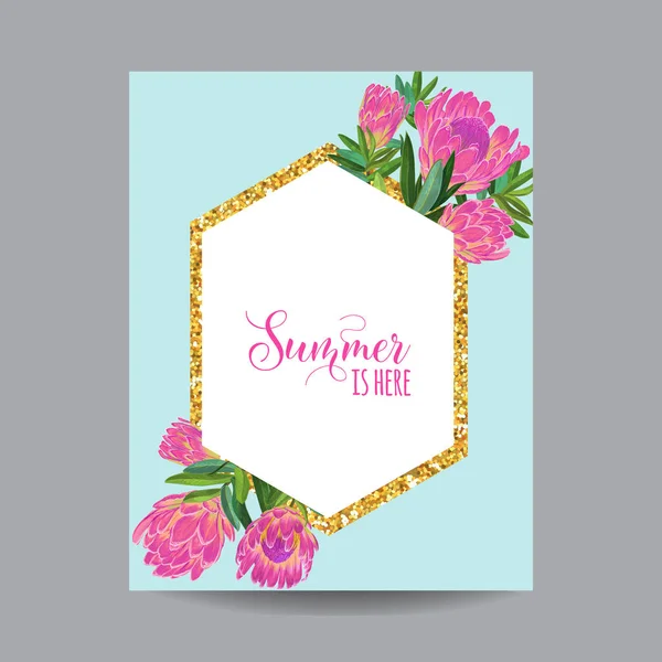 Blommande våren och sommaren Golden blommig ram. Botaniska Design med Protea blommor för inbjudan, bröllop, Baby dusch Card. vektor illustration — Stock vektor