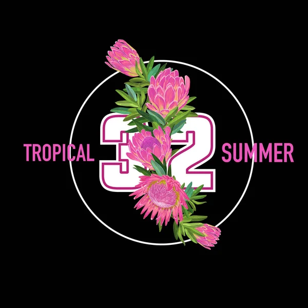 Bonjour Summer Tropical Design. Arrière-plan floral vintage avec des fleurs de Protea rose pour impressions, affiches, T-shirt, flyer. Illustration vectorielle — Image vectorielle