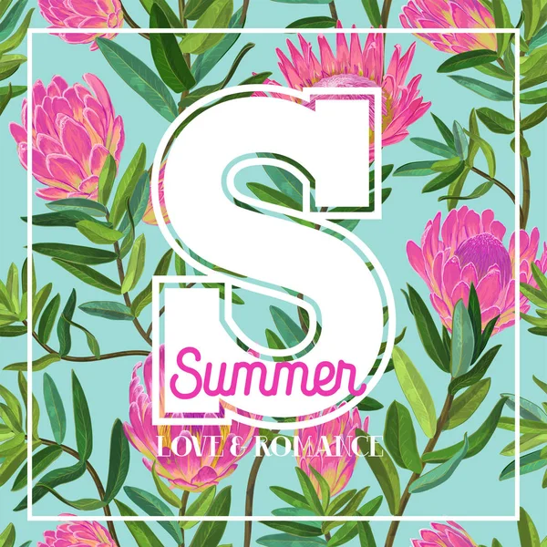 Olá Summer Tropical Design. Fundo Vintage floral com flores de chá rosa para estampas, cartazes, camiseta. Ilustração vetorial — Vetor de Stock