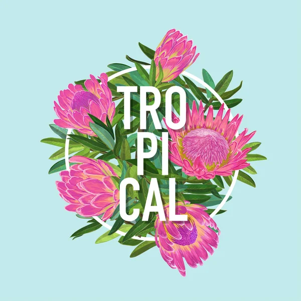 Tropical Floral Summer Design. Protea Flowers Fondo para Carteles, Camiseta, Tela. Tarjeta Botánica, Banner de Moda. Ilustración vectorial — Vector de stock