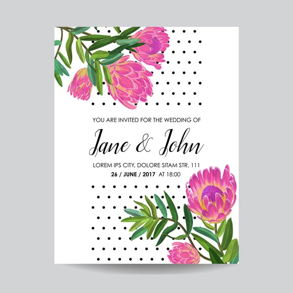 Vorlage für die Hochzeitseinladung mit rosa Protea-Blüten. Speichern Sie das Datum Blumenkarte für Grüße, Jubiläum, Geburtstag, Baby-Shower-Party. Botanisches Design. Vektorillustration — Stockvektor