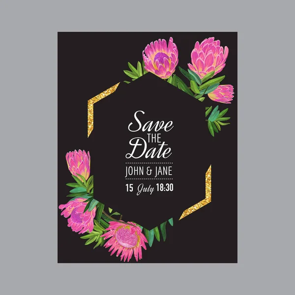 Wedding Invitation Template with Pink Protea Flowers and Golden Frame. Save the Date Floral Card for Greetings, Anniversary, Birthday, Baby Shower Party. Botanical Design. Vector illustration — Stock Vector