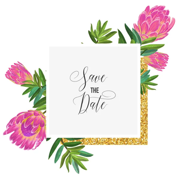 Plantilla de invitación de boda con flores de Protea rosa y marco dorado. Guarda la tarjeta floral de la fecha para saludos, aniversario, cumpleaños, fiesta de la ducha del bebé. Diseño Botánico. Ilustración vectorial — Vector de stock