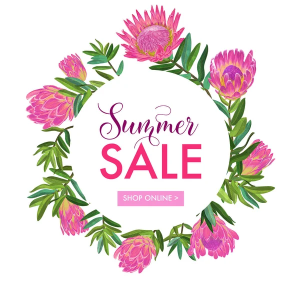 Zomer verkoop Floral Banner. Seizoensgebonden korting reclame met roze Protea bloemen. Tropische paradijs voorjaar promotionele ontwerp voor Poster, Flyer. Vectorillustratie — Stockvector