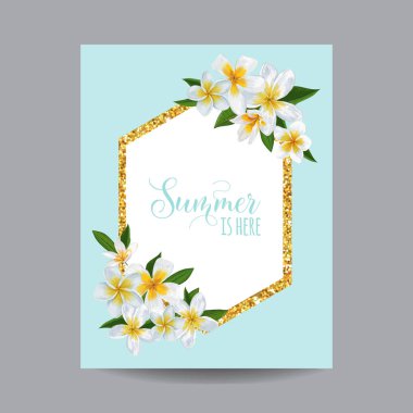 Merhaba yaz tropikal kartı Plumeria çiçekler ve palmiye yaprakları. Egzotik plaj tatil tasarım kapak, davet, Poster, satışı büyük başlığı için. Vektör çizim