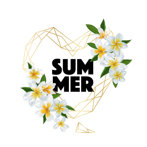 Hola Antecedentes Tropicales de Verano con Flores de Plumeria y Hojas de Palma. Diseño exótico de vacaciones en la playa para cubierta, camiseta, póster, banner de venta. Ilustración vectorial — Vector de stock