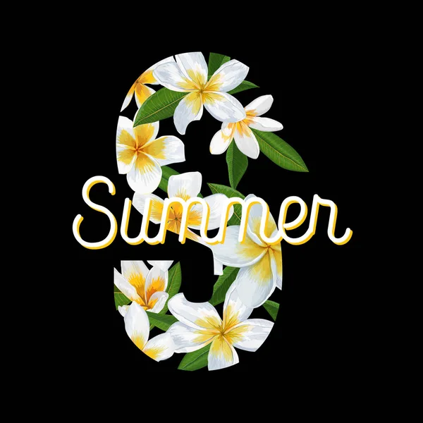 Merhaba yaz tropikal arka plan Plumeria çiçek ve Palm ile bırakır. Kapak, T-shirt, Poster, satışı büyük başlığı için egzotik tipografik tasarım. Vektör çizim — Stok Vektör