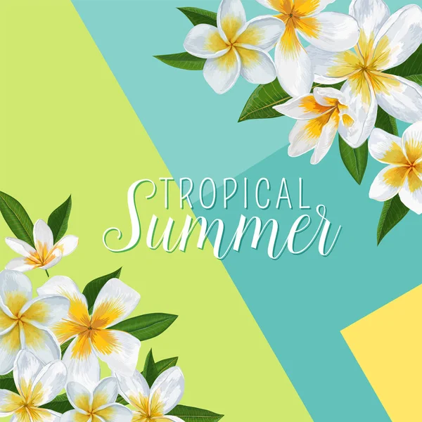 Plumeria çiçekler ve Palm yaz tropikal arka plan bırakır. Egzotik Tipografik Tasarım T-shirt, Poster, satışı büyük başlığı için. Vektör çizim — Stok Vektör