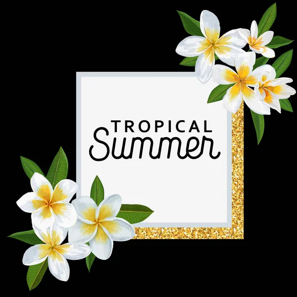 안녕하세요 여름 열 대 배경과 Plumeria 꽃과 야자수 나뭇잎. 이국적인 해변 휴가 디자인 표지, 포스터, t-셔츠 판매 배너. 벡터 일러스트 레이 션 — 스톡 벡터