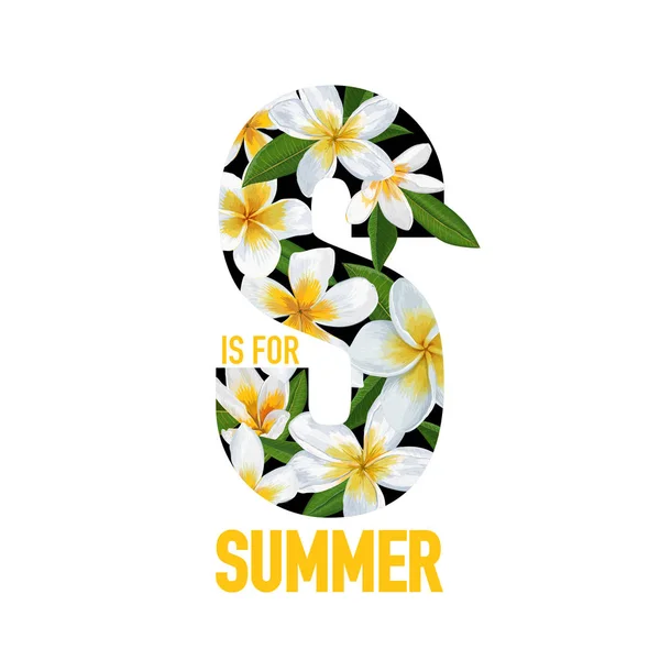 Hallo sommer tropischen hintergrund mit plumeria blumen und palmblättern. exotisches typografisches Design für Cover, T-Shirt, Poster, Verkaufsbanner. Vektorillustration — Stockvektor