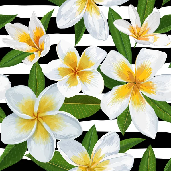 Trópusi Seamless Pattern Plumeria virágokkal. Virágos háttér-val tenyér levelek tapéta, szövet, csomagolás, díszítés. Vektoros illusztráció — Stock Vector