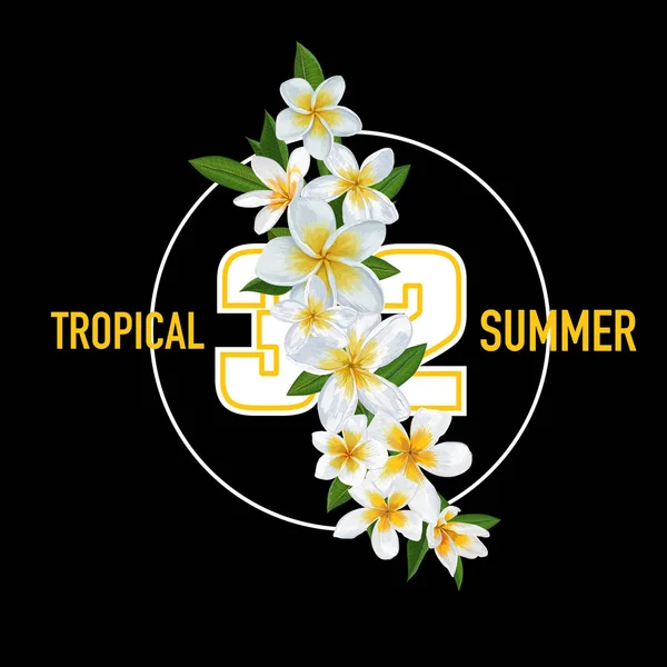 夏の熱帯の背景にプルメリアの花、ヤシの葉します。カバー、t シャツ、ポスター、販売バナーのためのエキゾチックな誤植デザイン。ベクトル図 — ストックベクタ