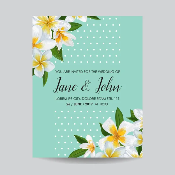 Wedding Invitation Template with Plumeria Flowers. Tropical Floral Save the Date Card. Exotic Flower Romantic Design for Greeting Postcard, Birthday, Anniversary. Vector illustration — Stock Vector