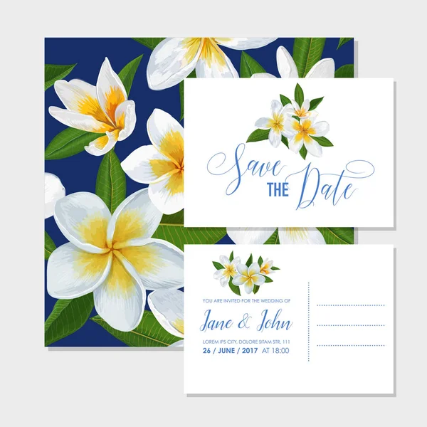プルメリアの花の結婚式の招待状のテンプレートを設定します。熱帯花は保存日付カードのエキゾチックな花のロマンチックなデザインはがきに挨拶するためです。ベクトル図 — ストックベクタ