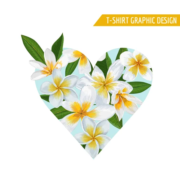 Amore Cuore Floreale Romantico Primavera Estate Design con Plumeria Bianca Fiori per Stampe, Tessuto, T-shirt, Manifesti. Sfondo botanico tropicale. Illustrazione vettoriale — Vettoriale Stock