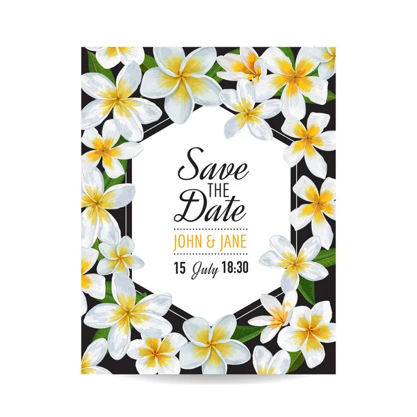 Wedding Invitation Template with Plumeria Flowers. Tropical Floral Save the Date Card. Exotic Flower Romantic Design for Greeting Postcard. Vector illustration — Stock Vector