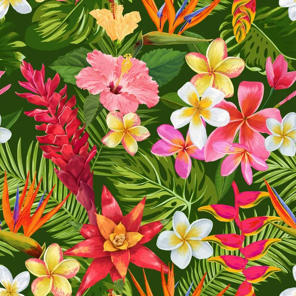Tropical Flowers and Palm Leaves Seamless Pattern — Stock Vector