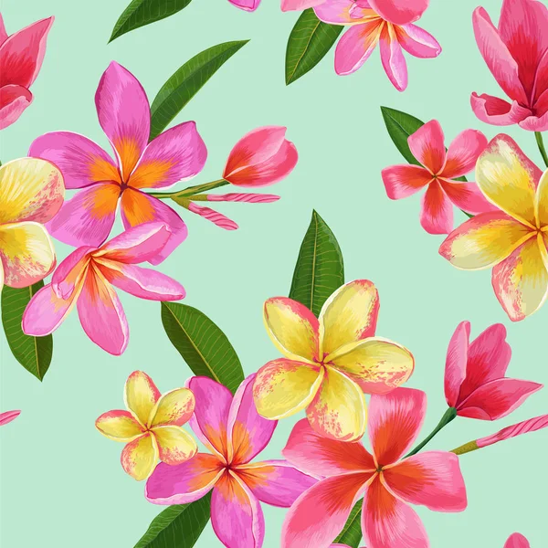 熱帯の花やヤシの葉のシームレスなパターン — ストックベクタ
