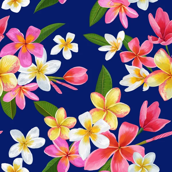热带花卉与棕榈叶无缝图案 — 图库矢量图片