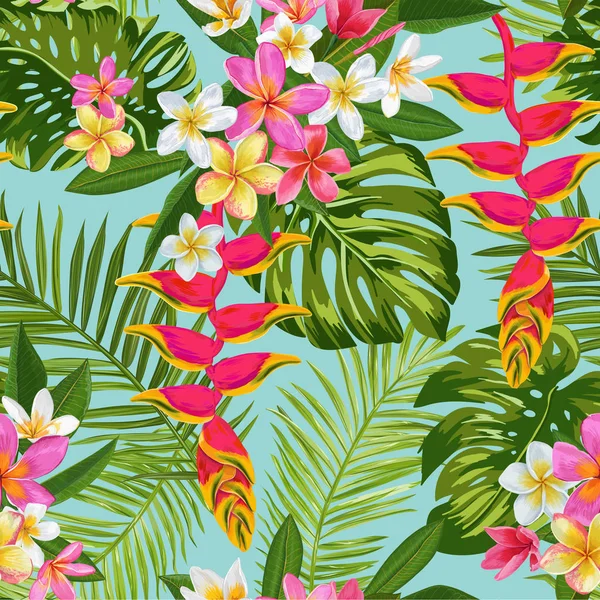 Flores tropicales y hojas de palma patrón sin costuras — Vector de stock