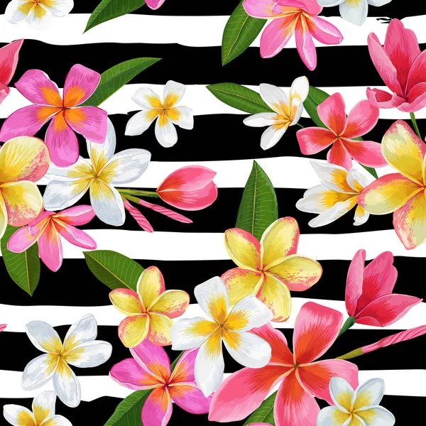 Trópusi virágok és Pálma levelek Seamless Pattern — Stock Vector