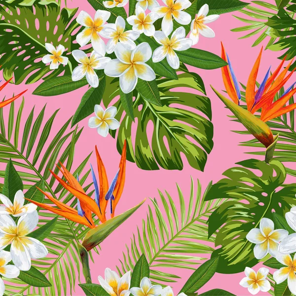 열 대 꽃 및 종 려 잎 원활한 패턴 — 스톡 벡터
