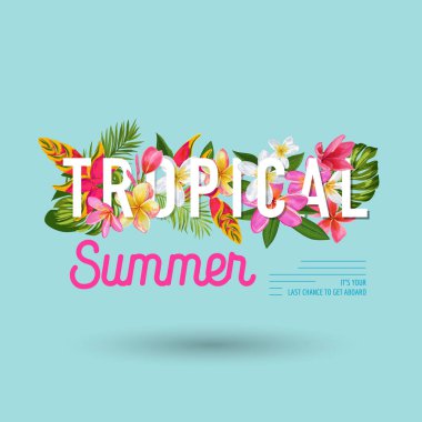 Merhaba yaz çiçek Poster. Tropikal egzotik çiçek tasarım satış afiş, el ilanı, broşür, sertifika, kumaş baskı için. Yaz aylarında suluboya arka plan. Vektör çizim