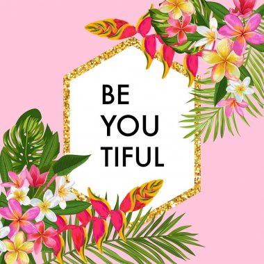 Yaz çerçeve çiçek çiçek açan, afiş Poster, Satılık. Tropikal çiçek kartı davetiye, tebrik, düğün, bebek duş. Vektör çizim