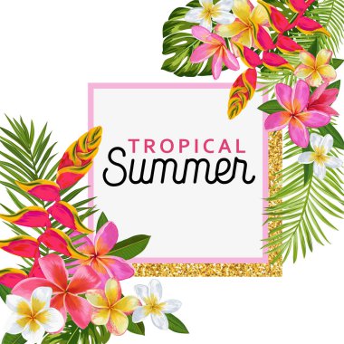 Merhaba yaz çiçek Poster altın çerçeve ile. Tropikal egzotik çiçek tasarım satış afiş, el ilanı, broşür, kumaş baskı için. Yaz aylarında suluboya arka plan. Vektör çizim
